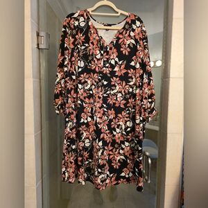 J Jill Wearever Collection Black Floral 3/4 Length Tie Cuff Sleeve Dress 2X